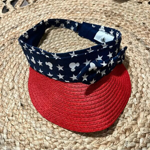 Disney Parks Women's Straw Visor Hat Bow Americana Stars Red White Blue July 4th